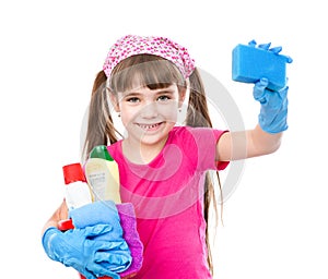 Girl with spray and sponge in hands ready to help with cleaning.