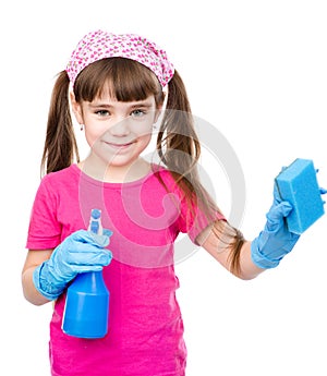 Girl with spray and sponge in hands ready to help with cleaning. isolated on white