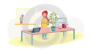 Girl sprays plants at home. Growing flowers in a flowerpot on the table. Online gardening training. Vector. Concept