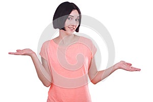 A girl spreads her hands in a tilted head on a white isolated background