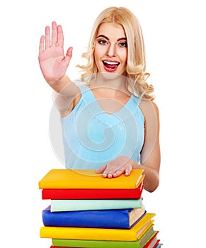 Girl with stack book showing thumb up.