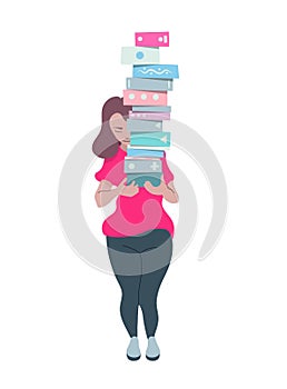 Girl with stack of books. Woman holding books. Pile of books concept