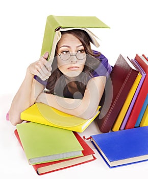 Girl with stack color book .