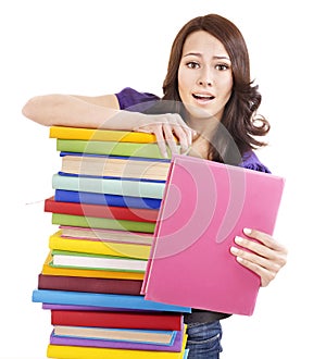 Girl with stack color book .