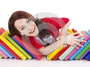 Girl with stack color book .