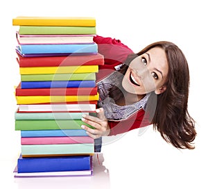 Girl with stack color book .