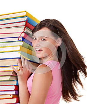 Girl with stack colored book.