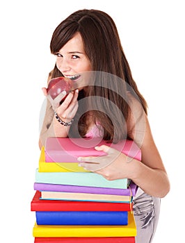 Girl with stack colored book .