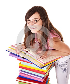 Girl with stack colored book .