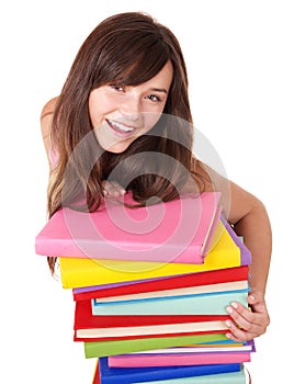 Girl with stack colored book .