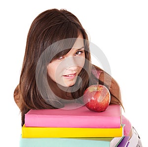 Girl with stack colored book .