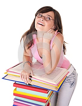 Girl with stack colored book .