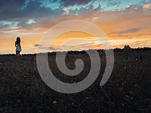 Girl stand in nature lookout to sunflower field sunset. Thoughtful woman, dreams, aspirations lifestyle concept