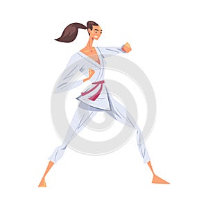 Girl Standing in Fighting Stance, Female Karate Fighter Character in White Kimono Practicing Traditional Japan Martial