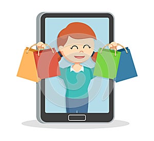 Girl standing with four shopping bag on smartphone