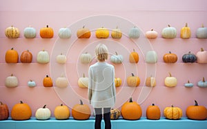 Girl standing in front of the display shelves with various pumpkins.