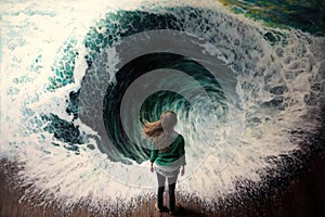 The girl is standing in front of the tsunami wave, Generative AI