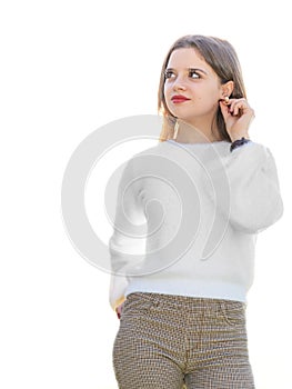 Girl standing and loking on white background