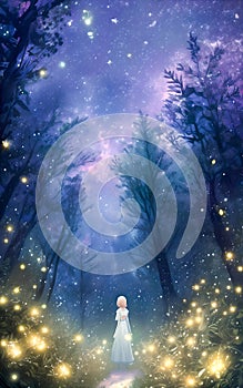 Girl standing in middle of night forest with sky background and stars above her head