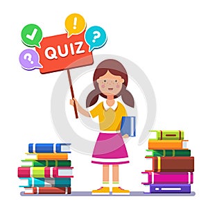 Girl standing near books and holding quiz placard