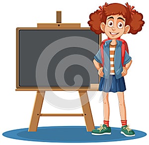 Girl standing next to an empty blackboard