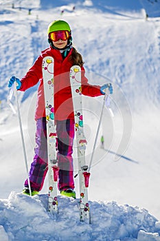 Girl standing portrait on the fresh powder snow.