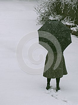 A girl standing in snow holding an unbrella