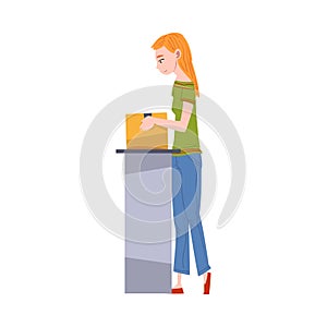 Girl Standing at Table Packing Cardboard Box Preparing Goods For Dispatch, Young Woman Working in Warehouse Cartoon