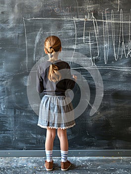 A girl stands in contemplation, gazing at the scribbled diagrams on a classroom blackboard. Her posture suggests deep