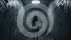 Girl stands in dark scary room alone, back view of young woman in spooky creepy place. Female person like in thriller or horror