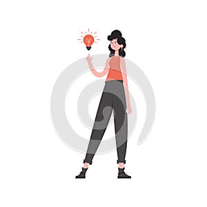 The girl stands in full growth with a light bulb. Isolated. Element for presentations, sites.