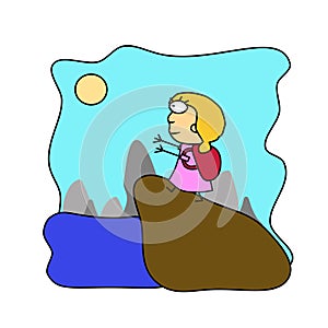 Girl stands on a mountain. Hiking and travel with a backpack. Flat cartoon character. Color illustration for modern design