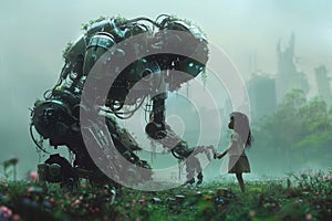 A girl stands next to a massive robot in a grassy field, A robot artist creating stunning digital paintings with advanced