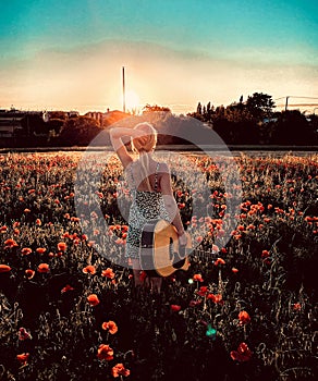 A girl stands in a poppy field at sunset. The girl in a sundress with a guitar.