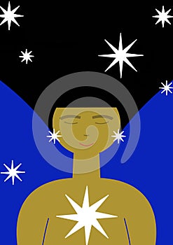 Girl and stars. Black hair woman poster. Beautiful girl with dark hair, blue background and small stars around.