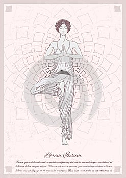 Girl stay at tree pose with mandala background