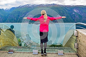 Girl on the Stegastein viewpoint in Norway