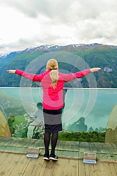 Girl on the Stegastein viewpoint in Norway