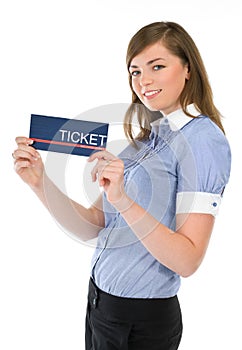 Girl stewardess showing a ticket