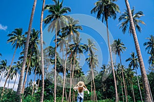 Girl in straw hat against the background of tropical coconut trees and blue sky. Walk in the Rainforest on the island. The girl