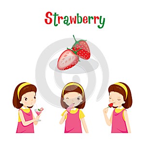 Girl With Strawberry Fruit, Juice, Ice Cream And Letters