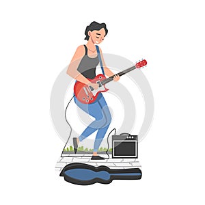 Girl Street Musician Playing Electric Guitar with Donate Guitar Case, Live Performance Concept Cartoon Style Vector