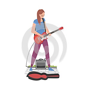 Girl Street Musician Playing Guitar with Donate Guitar Hard Case, Live Performance Concept Cartoon Style Vector