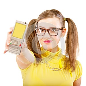 Girl stretches phone with yellow display