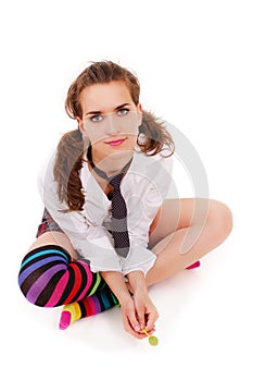 Girl in striped motley knee-length socks