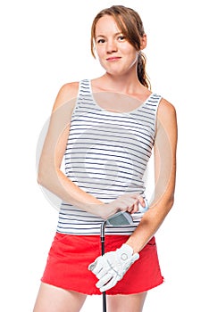 Girl in a striped T-shirt posing with a golf club on white