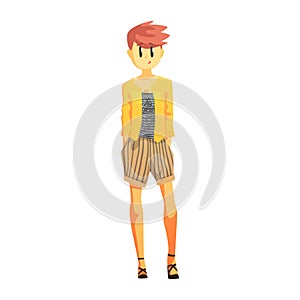 Girl In Stripy Shorts And Yellow Jacket With Short Red Hair, Young Person Street Fashion Look With Mass Market Clothes