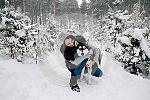 Girl stroking Husky dog