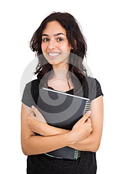 Girl student with a black paper notebook. Calm happy school girl isolated