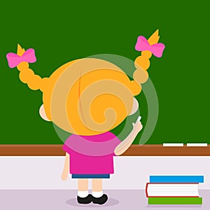 Girl student in the classroom writing on the chalkboard. Vector Illustration